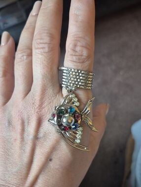 Vintage Upcycled Pendant Ring Crystal Fish Ring Silver Tone